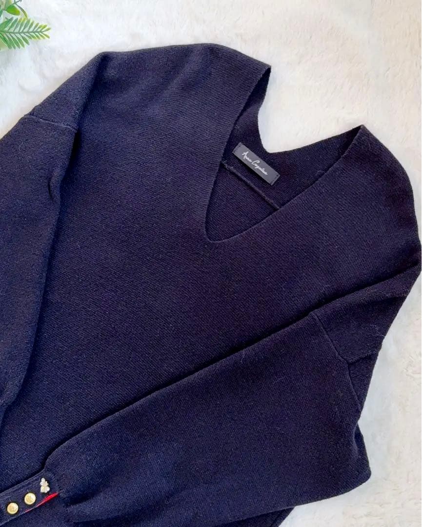 【美品】アンコキーヌ カシミヤ入り刺繍Vニット ロングワンピース 蜂 ハニー