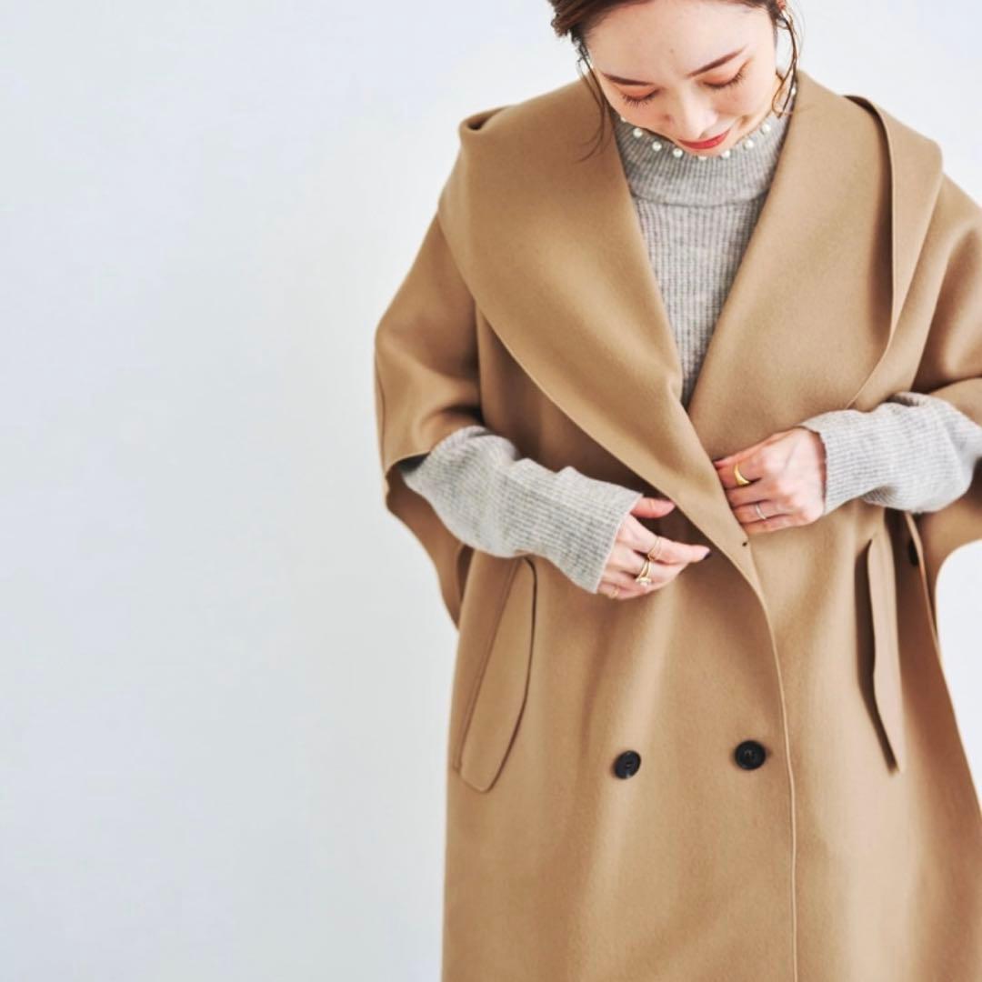 【高島屋購入品】Vaneum クロークフーディポンチョコート　キャメル　ウール