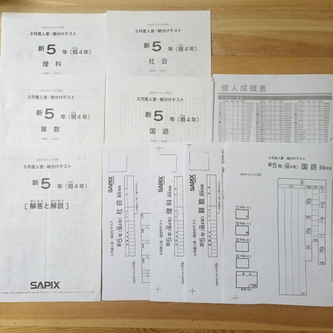 【原本】サピックス新5年（現4年） 3月度入室・組分けテスト 2024年3月実施