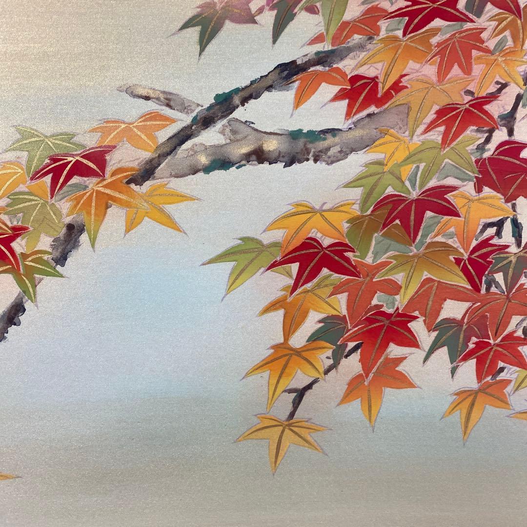 美品 掛け軸 国井幸雪作 紅葉に水鳥図 共箱 花鳥 保証書付き 秋掛け