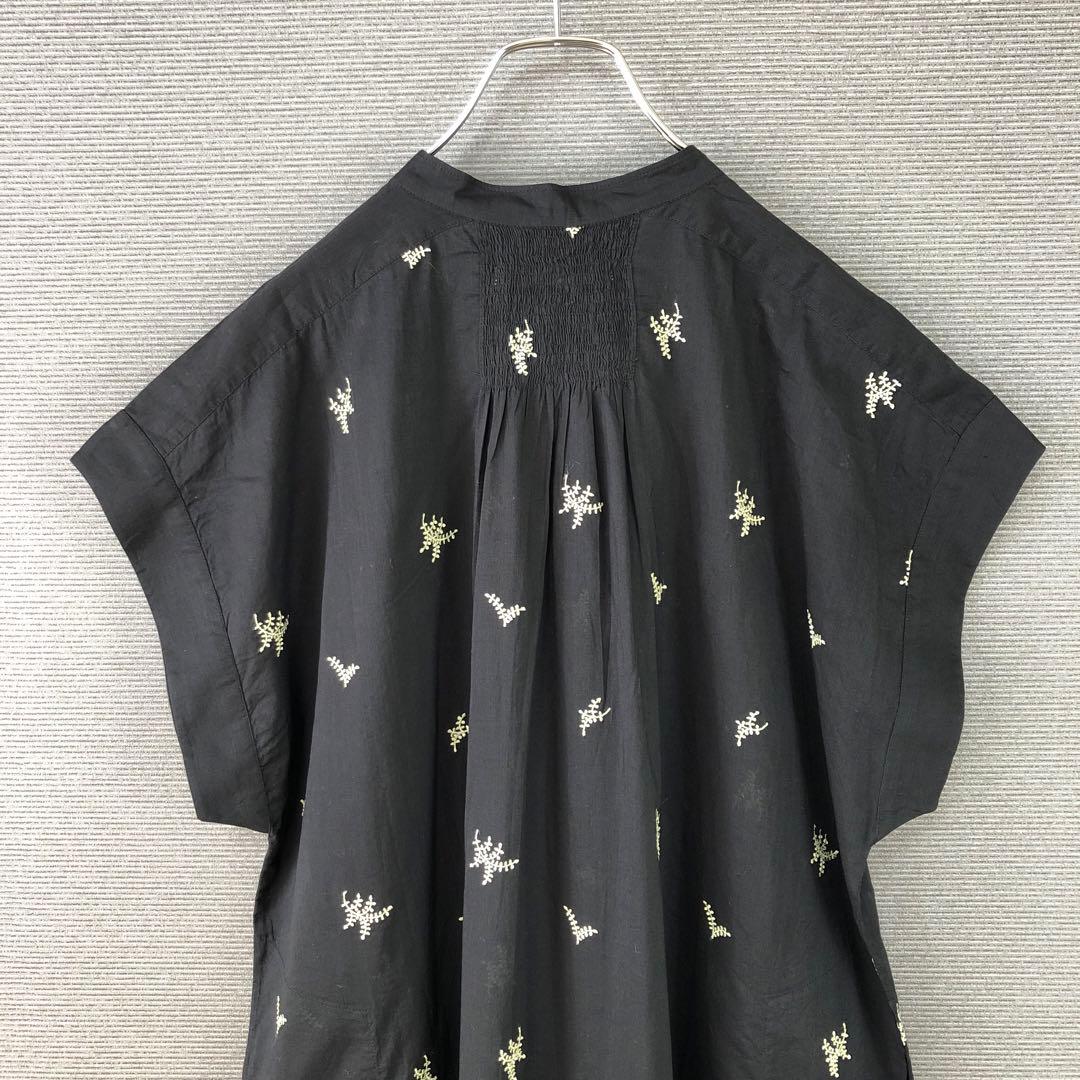 未使用品 ヌキテパ コットンボイルドットリーフ刺繍シャツドレス F ブラック
