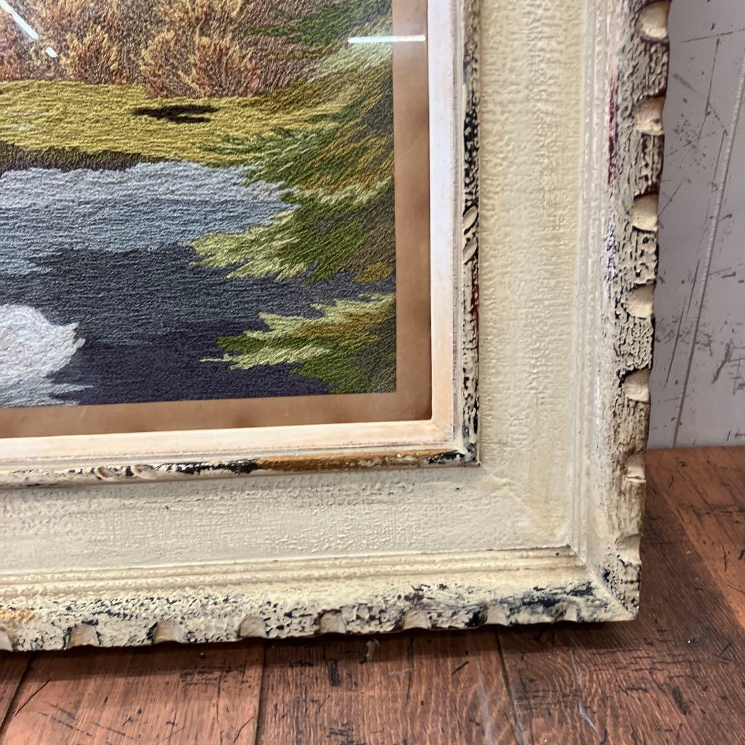 アンティーク 刺繍 絵画 アート 風景画 白鳥 湖 湖畔 壁掛け 壁飾り 額装