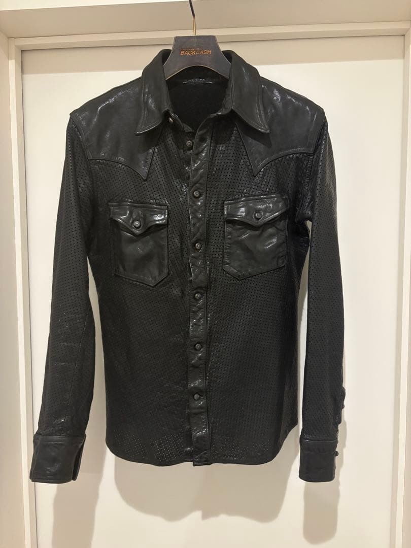 良品バックラッシュB'z稲葉着用ジャパンステア製品染めパンチングレザーシャツ黒M