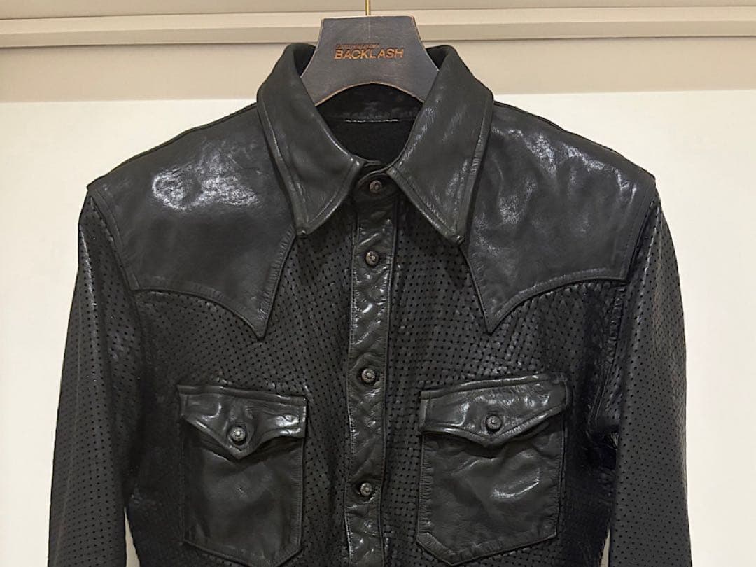 良品バックラッシュB'z稲葉着用ジャパンステア製品染めパンチングレザーシャツ黒M