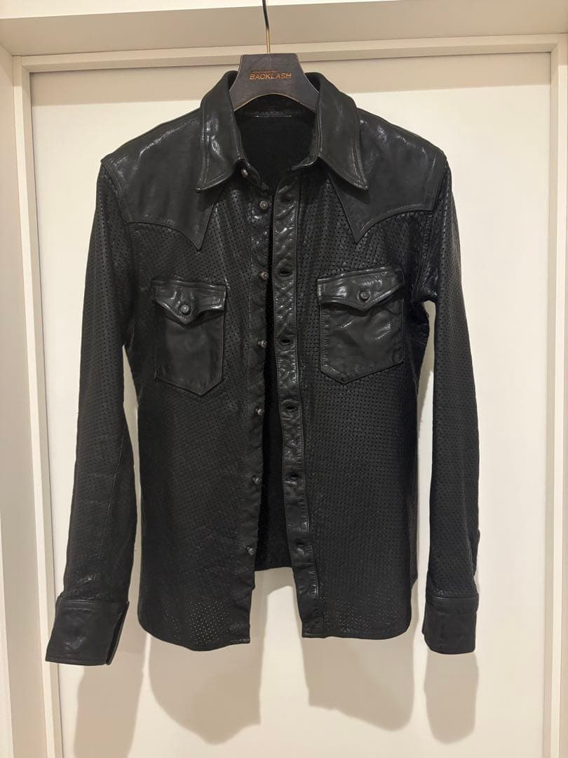 良品バックラッシュB'z稲葉着用ジャパンステア製品染めパンチングレザーシャツ黒M