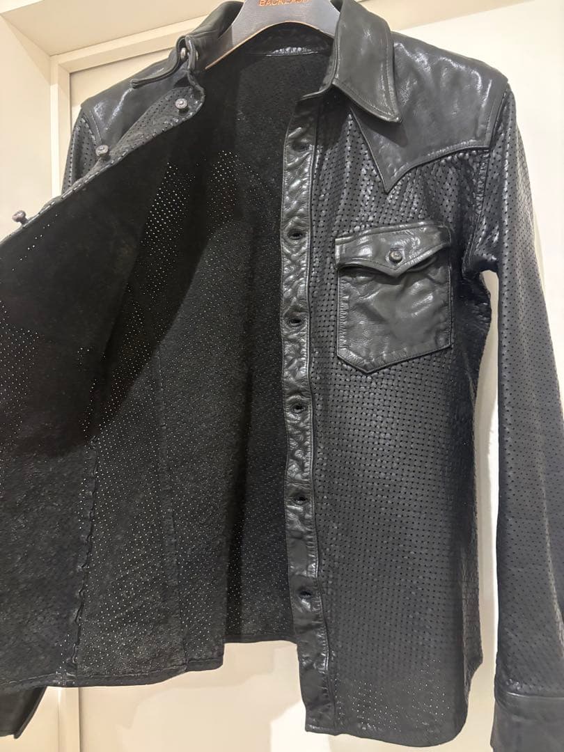 良品バックラッシュB'z稲葉着用ジャパンステア製品染めパンチングレザーシャツ黒M