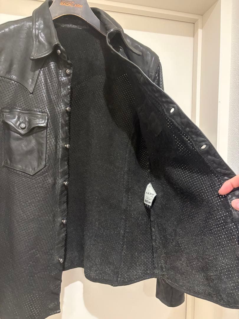 良品バックラッシュB'z稲葉着用ジャパンステア製品染めパンチングレザーシャツ黒M