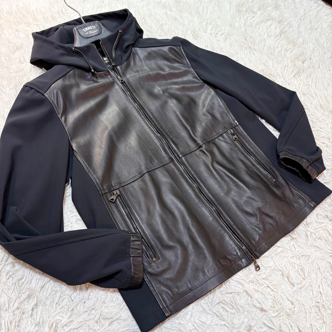 美品 エンメティ レザー 切替 パーカー 48