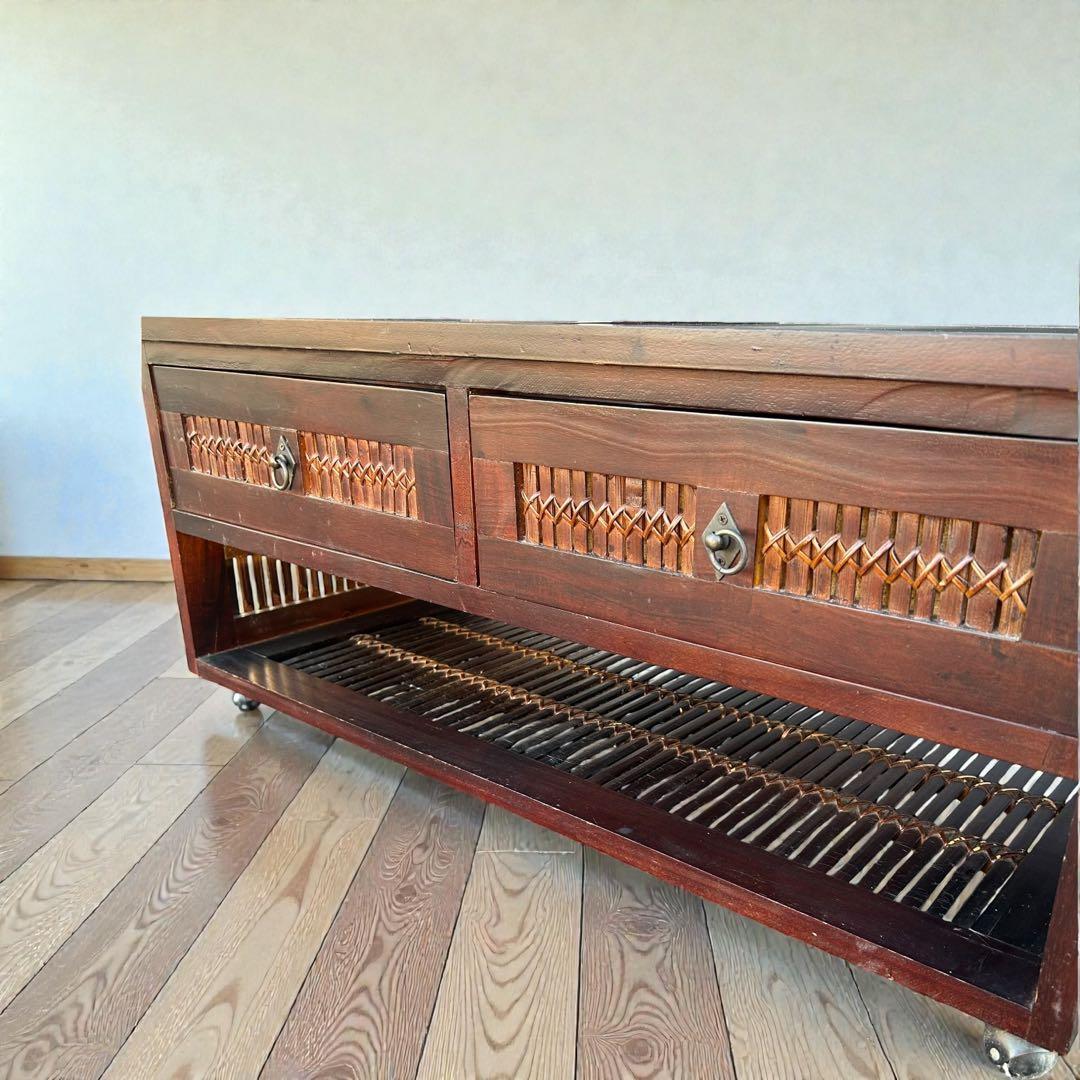 良品✨アジアン家具 ガラス天板テーブル 天然竹収納付 キャスター付 ローテーブル