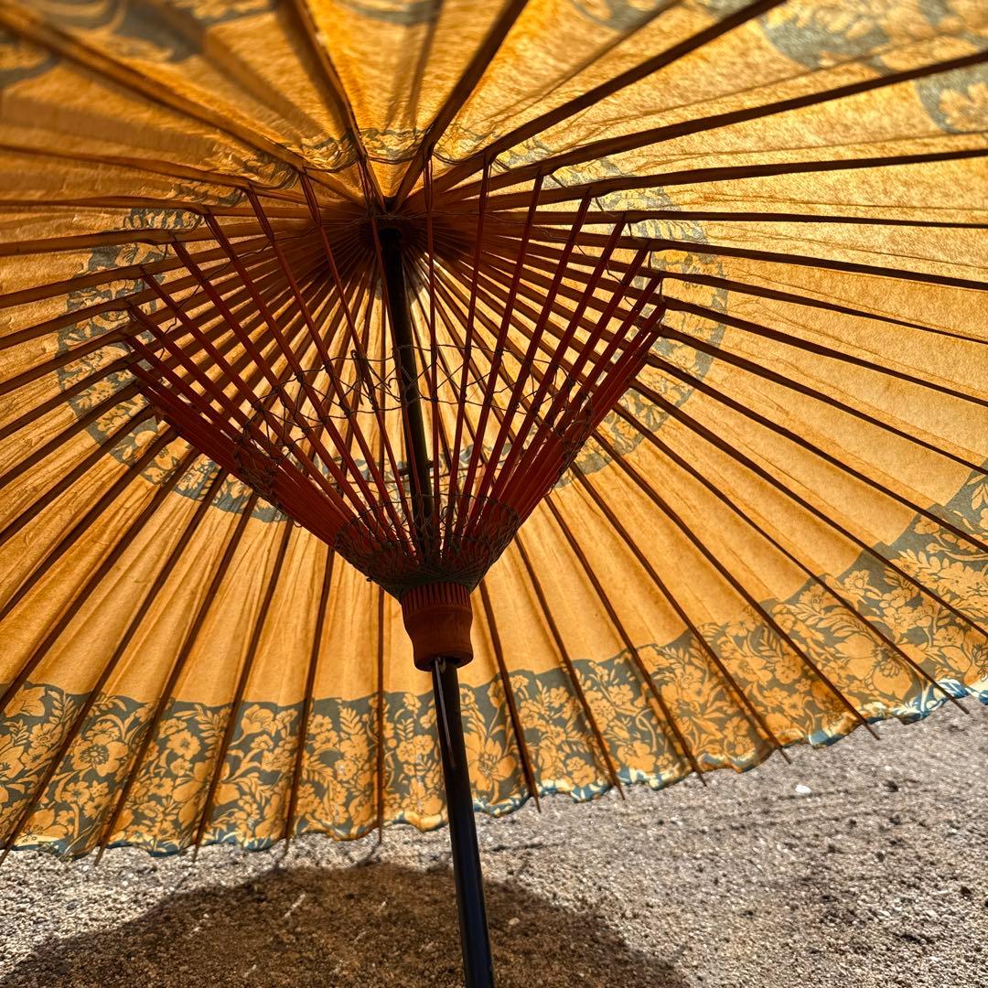 舞踊傘 金色と青色の花柄 90cm