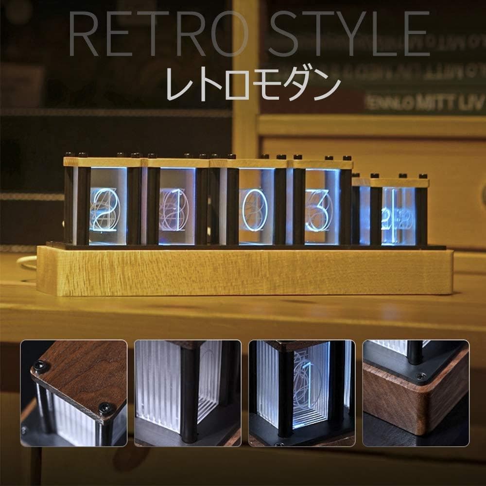 ニキシー管 風置き時計 レトロ 木製  LED デジタル時計 インテリア B