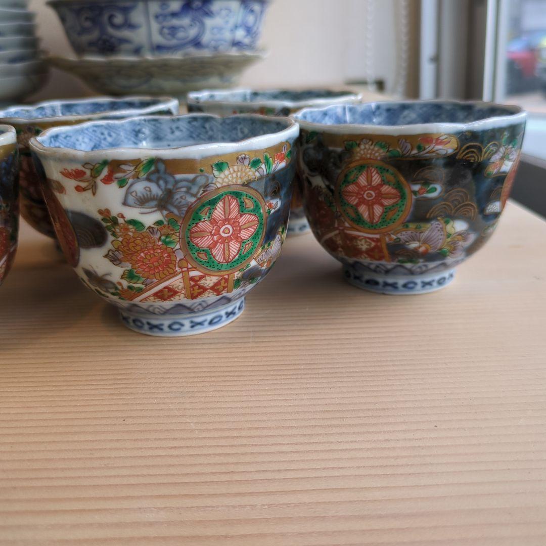 骨董 古伊万里 染錦 藍細画 向付 蕎麦猪口 器 アンティーク 5つ〜