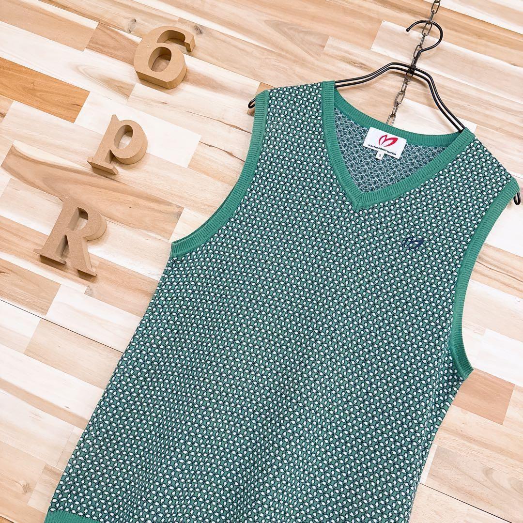 【マスターバニーエディション】Vネック ニット ベスト ゴルフ 緑グリーン×白