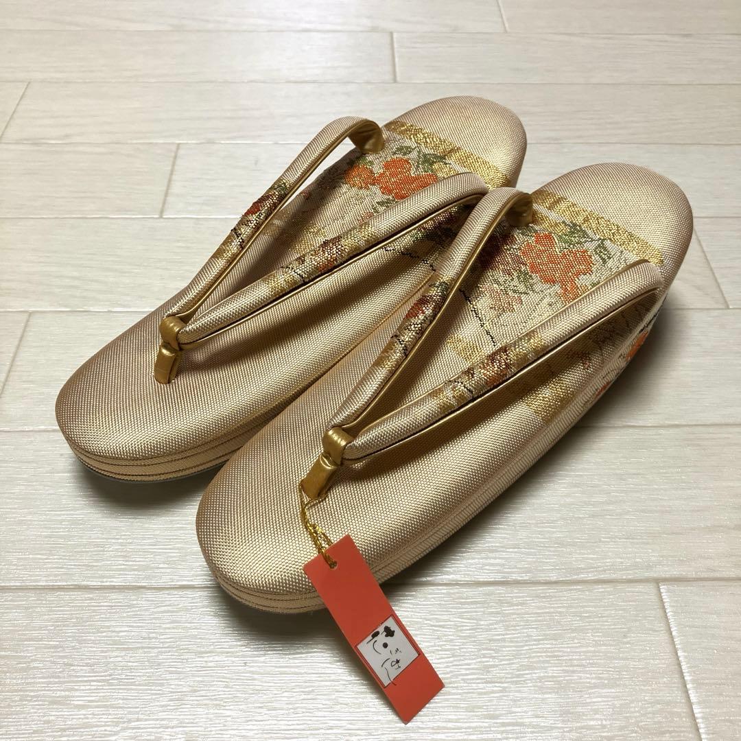 《未使用》佐賀錦　草履バッグセット　花ぎおん　ゴールド