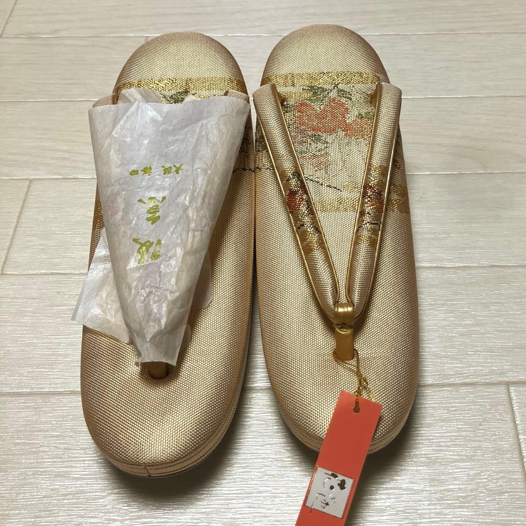 《未使用》佐賀錦　草履バッグセット　花ぎおん　ゴールド