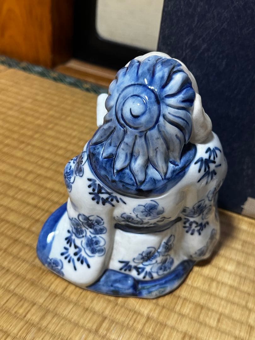 ぐ*ま様 九谷焼 染付 寒山拾得 人物置物 2体セット 共箱付き