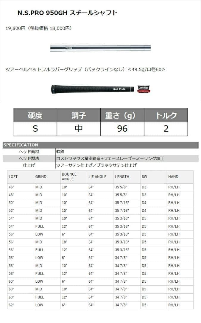 新品 レフティー RTX ブラックサテン ウェッジ 52° NS950NEO S