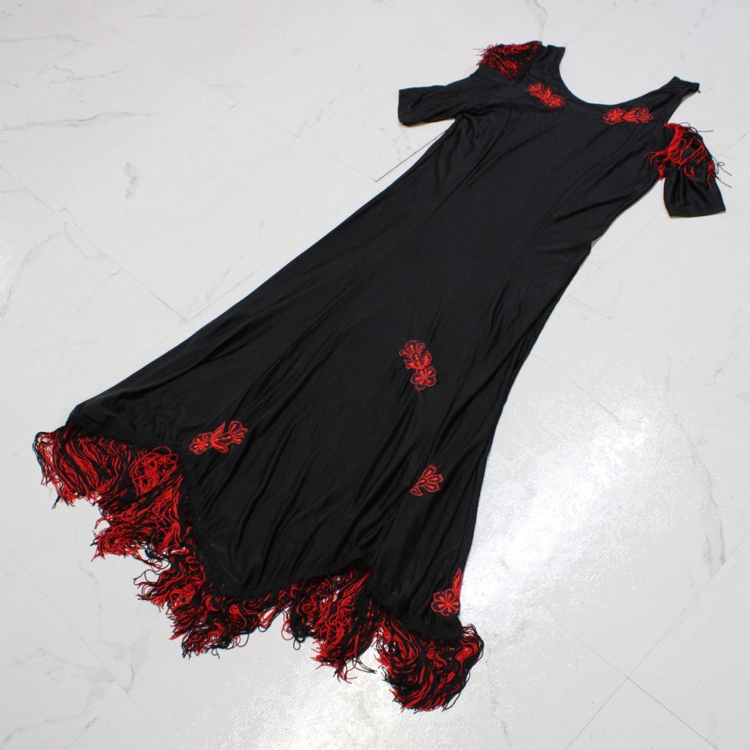 【美品 社交ダンス衣装】ワンピース ドレス 黒 赤 刺繍 フリンジ シンプル