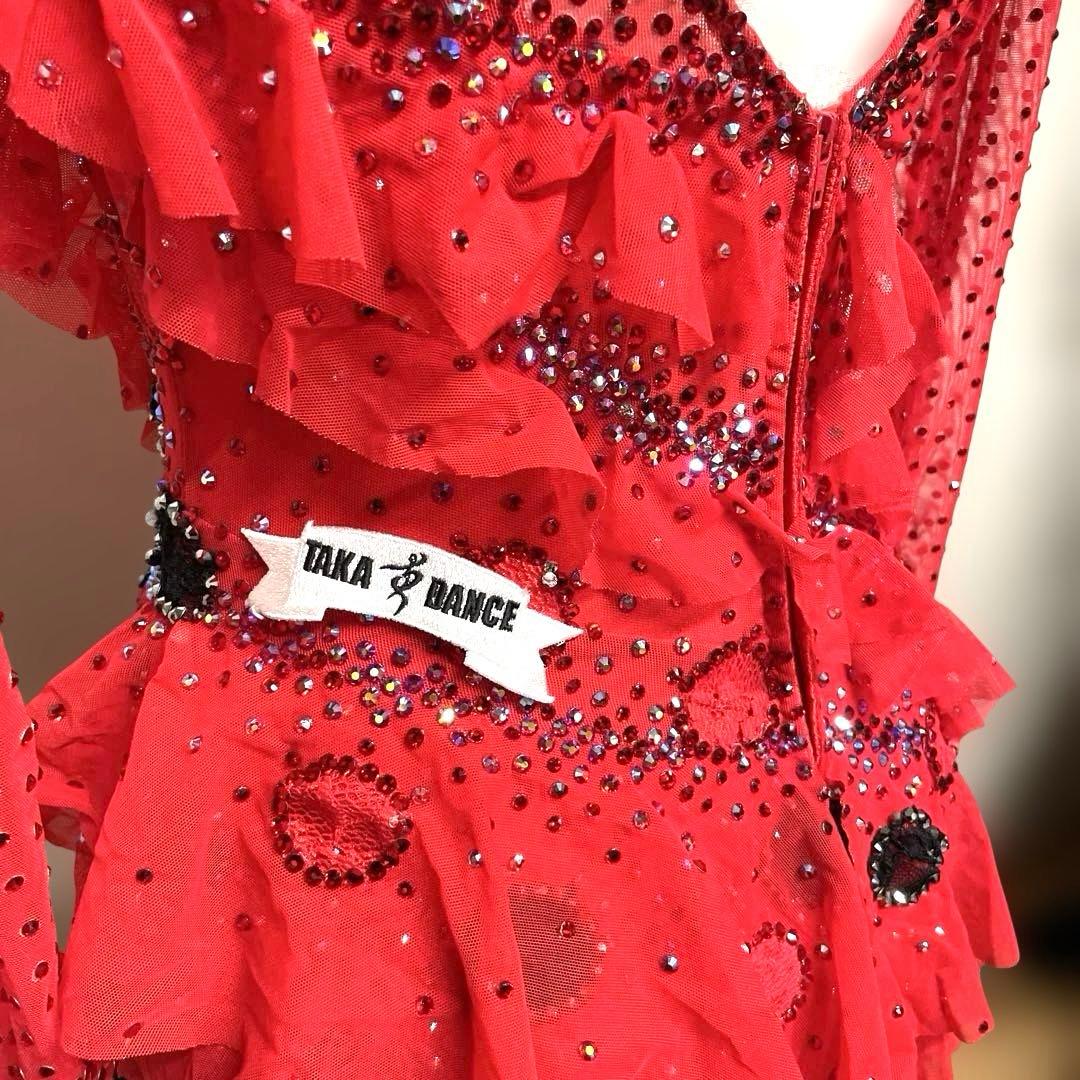 6450★タカダンス★M 赤 黒 水玉 ラテンドレス 社交ダンス
