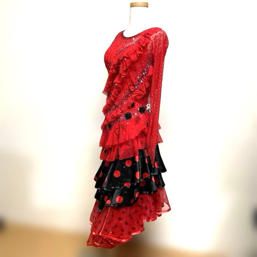 6450★タカダンス★M 赤 黒 水玉 ラテンドレス 社交ダンス