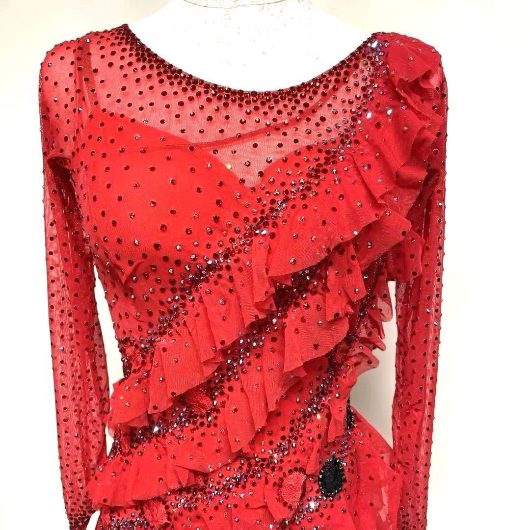 6450★タカダンス★M 赤 黒 水玉 ラテンドレス 社交ダンス
