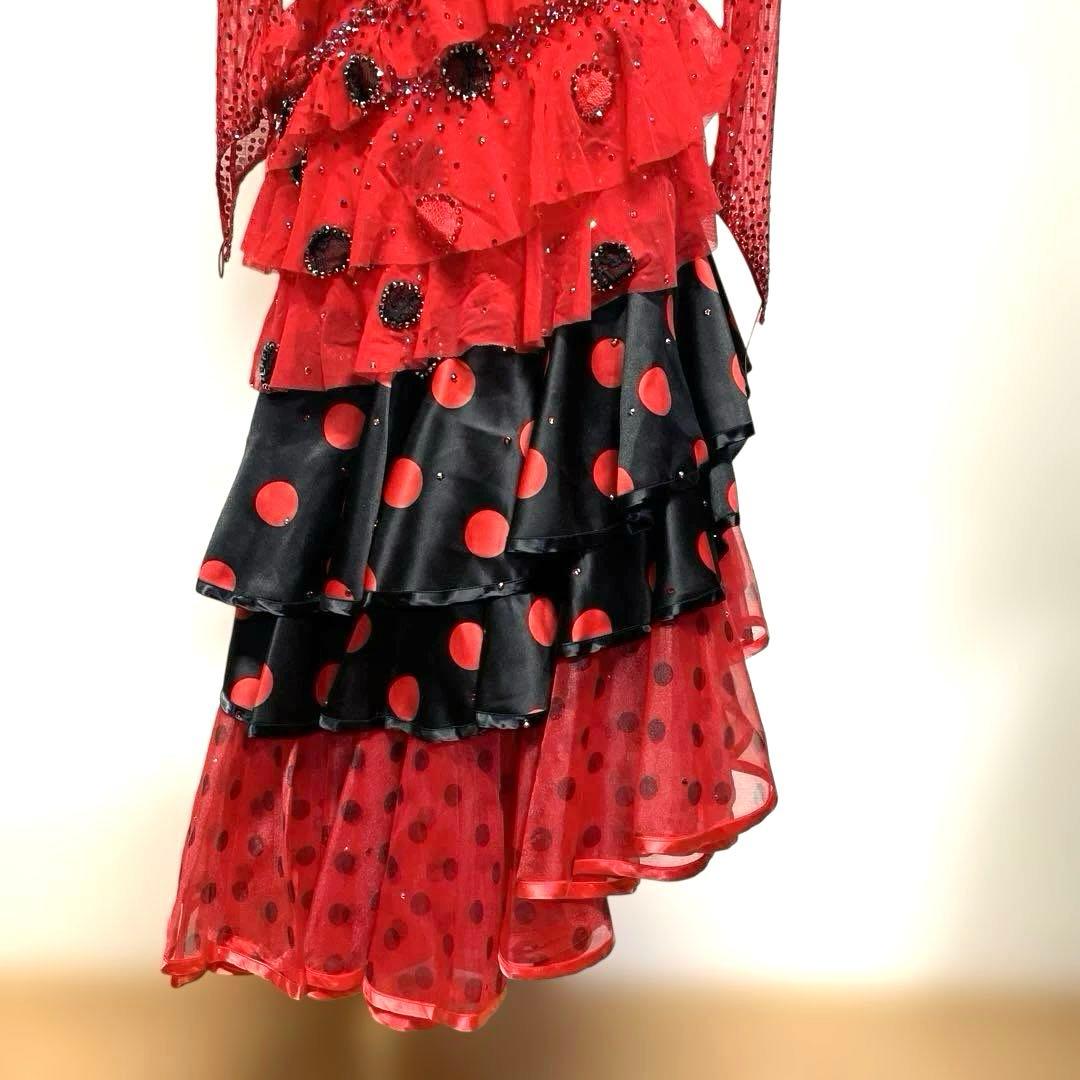 6450★タカダンス★M 赤 黒 水玉 ラテンドレス 社交ダンス
