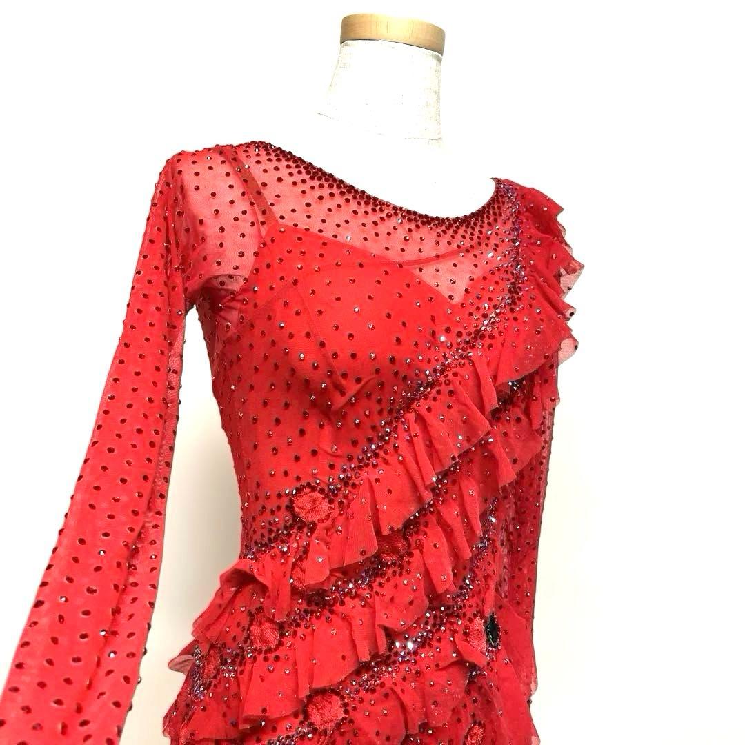 6450★タカダンス★M 赤 黒 水玉 ラテンドレス 社交ダンス