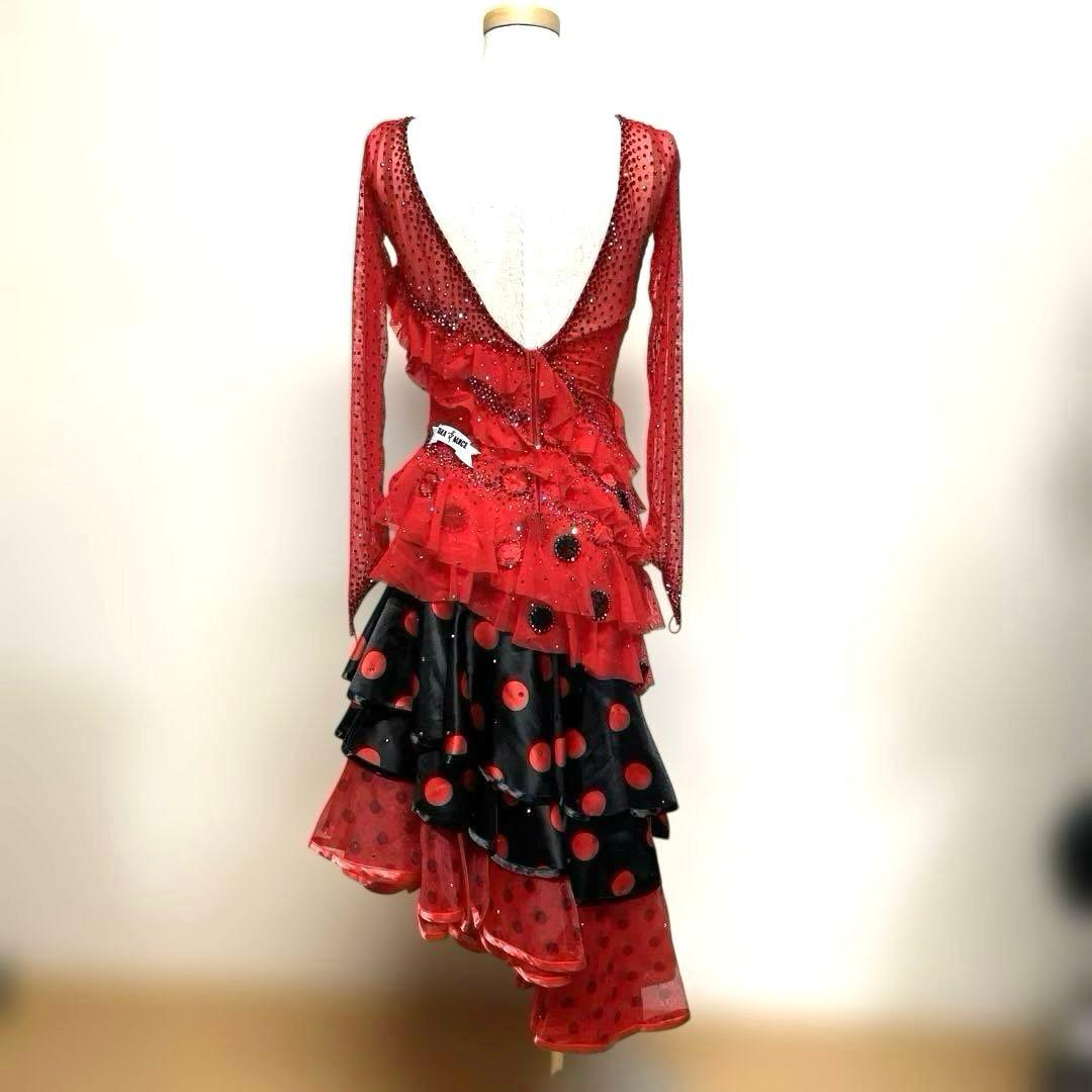 6450★タカダンス★M 赤 黒 水玉 ラテンドレス 社交ダンス