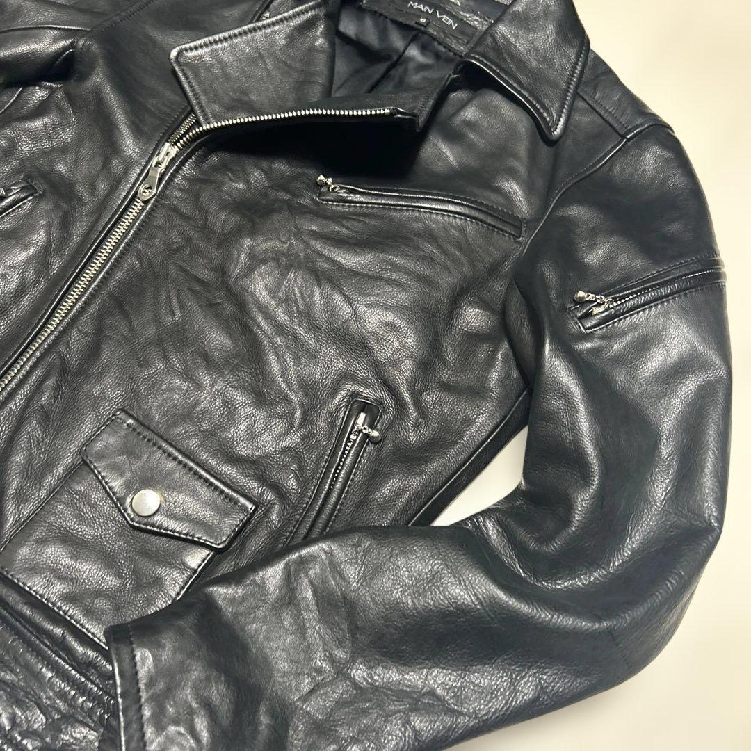美品MAIN VEIN ブラックレザー ダブルライダースジャケット サイズ0