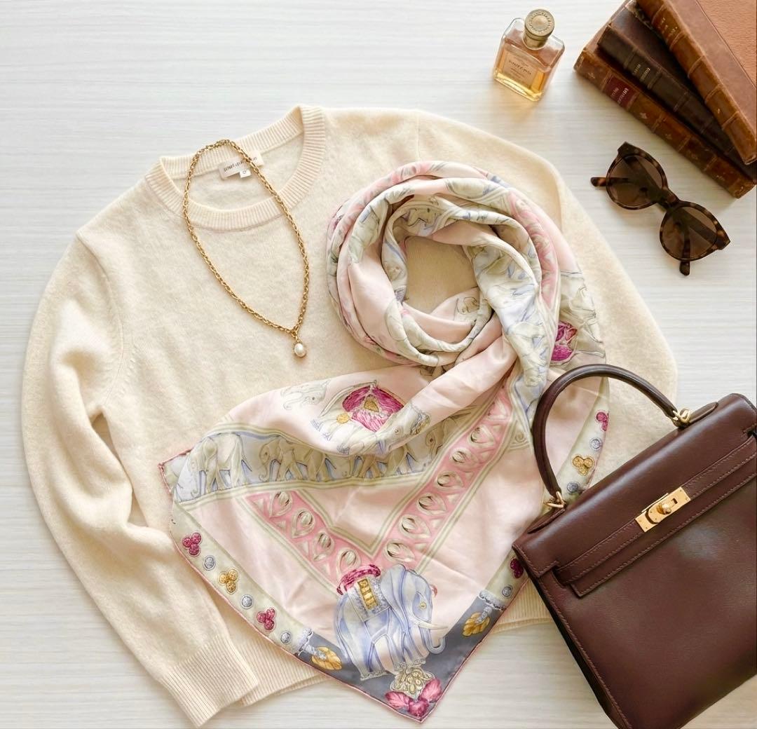 大判 カルティエ must 象 宝石 スカーフ シルク ピンク