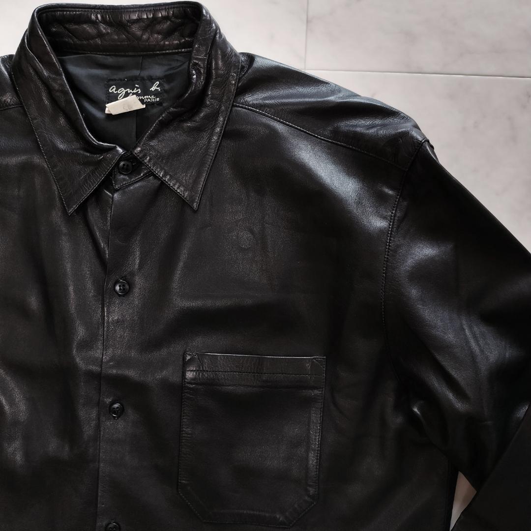 アニエスベーオム レザーシャツジャケット 2 L~XL ブラック フランス製
