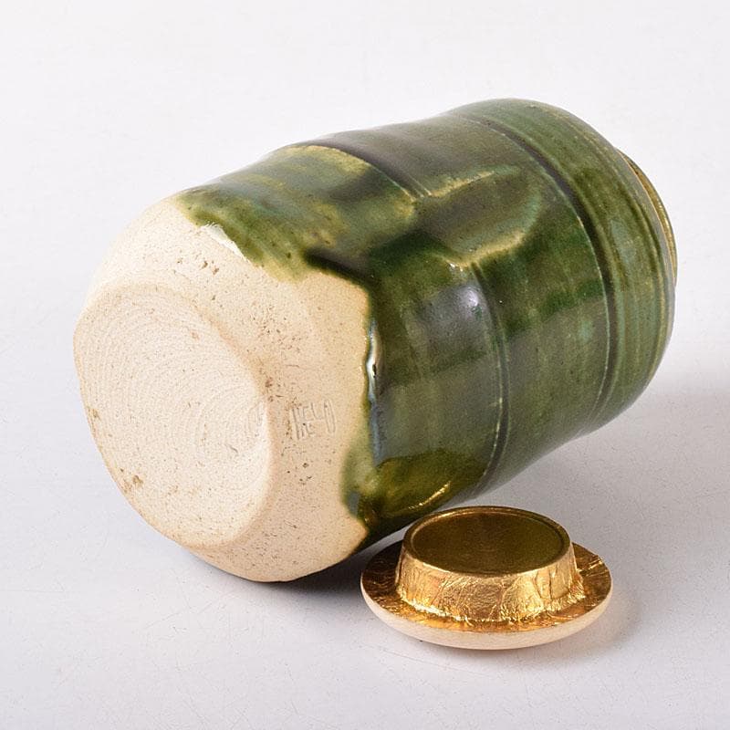 茶道具　山月窯　川本了生造　織部　茶入　仕覆付　共箱　V　7278