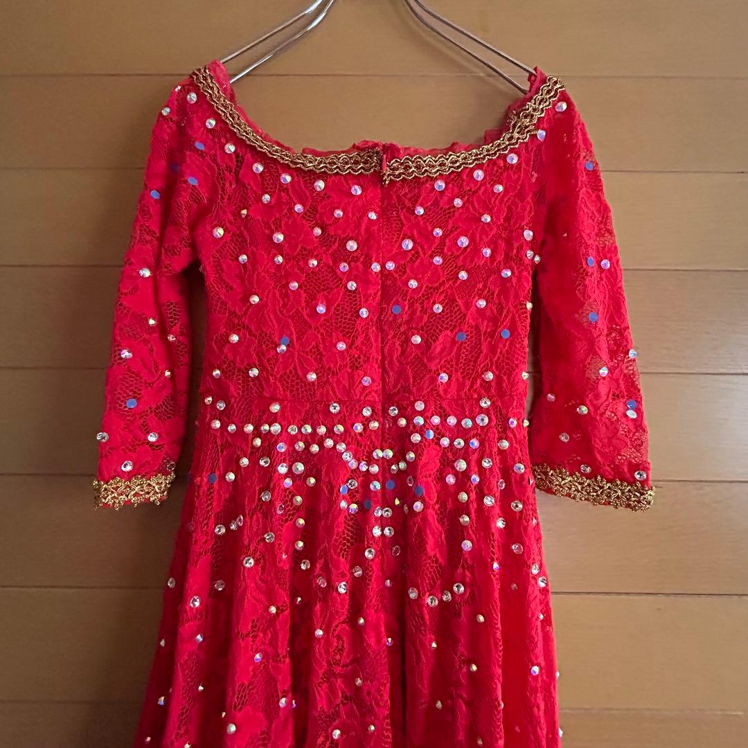 社交ダンスドレス ラテンダンス 衣装 レッド 赤 ゴールド ビジューレース装飾