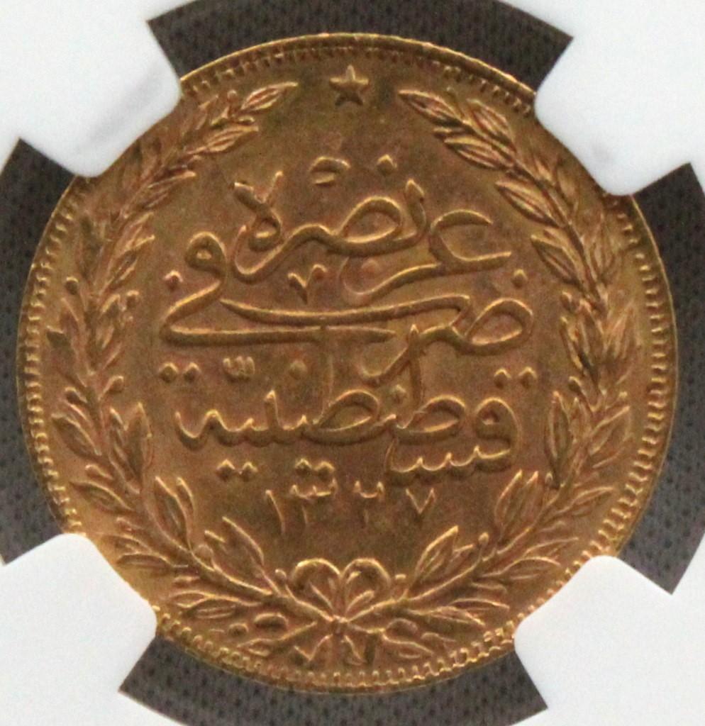 千*可様 AH1327//9 オスマン・トルコ帝国 100クルシュ 金貨 NGC