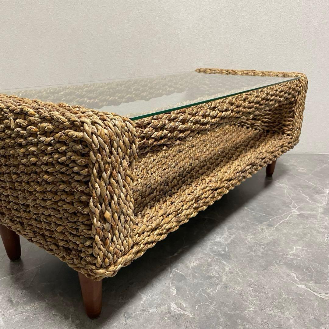 アジアン家具 アバカセンターテーブル 強化ガラス天板 収納棚付き 南国　バリ風