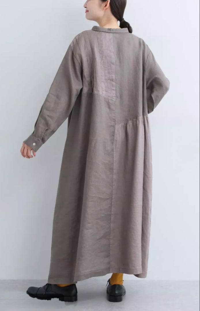 リネンアシンメトリーピンタックギャザーワンピースチャコール×アッシュグレー美品