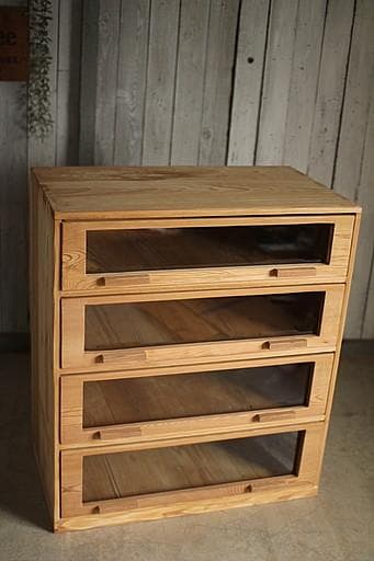 前面ガラスの引き出し4段　食器棚　シャツケース　収納棚　古家具