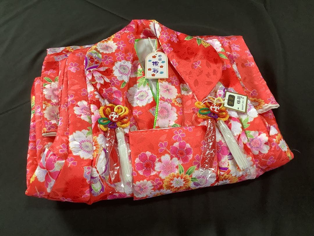★女の子七五三着物　三歳用一つ身　着物と被布襦袢小物セットピンク花柄の綸子★