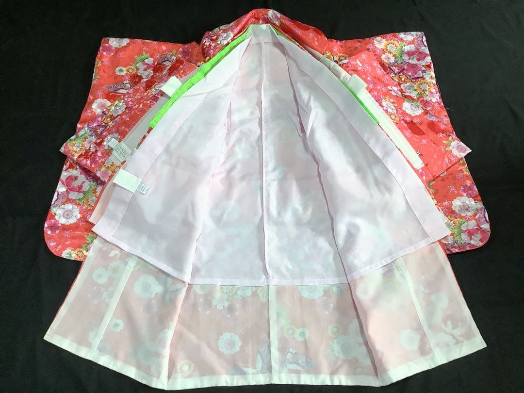 ★女の子七五三着物　三歳用一つ身　着物と被布襦袢小物セットピンク花柄の綸子★