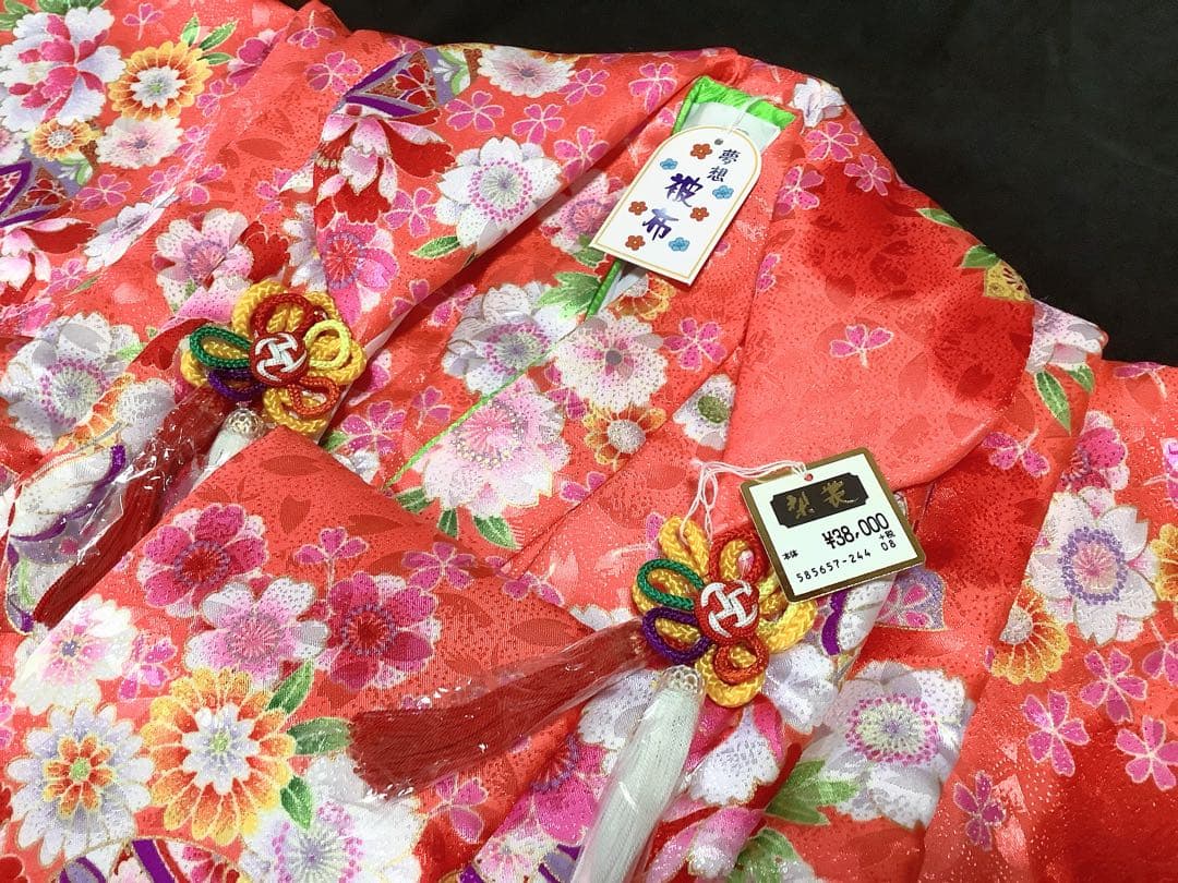 ★女の子七五三着物　三歳用一つ身　着物と被布襦袢小物セットピンク花柄の綸子★