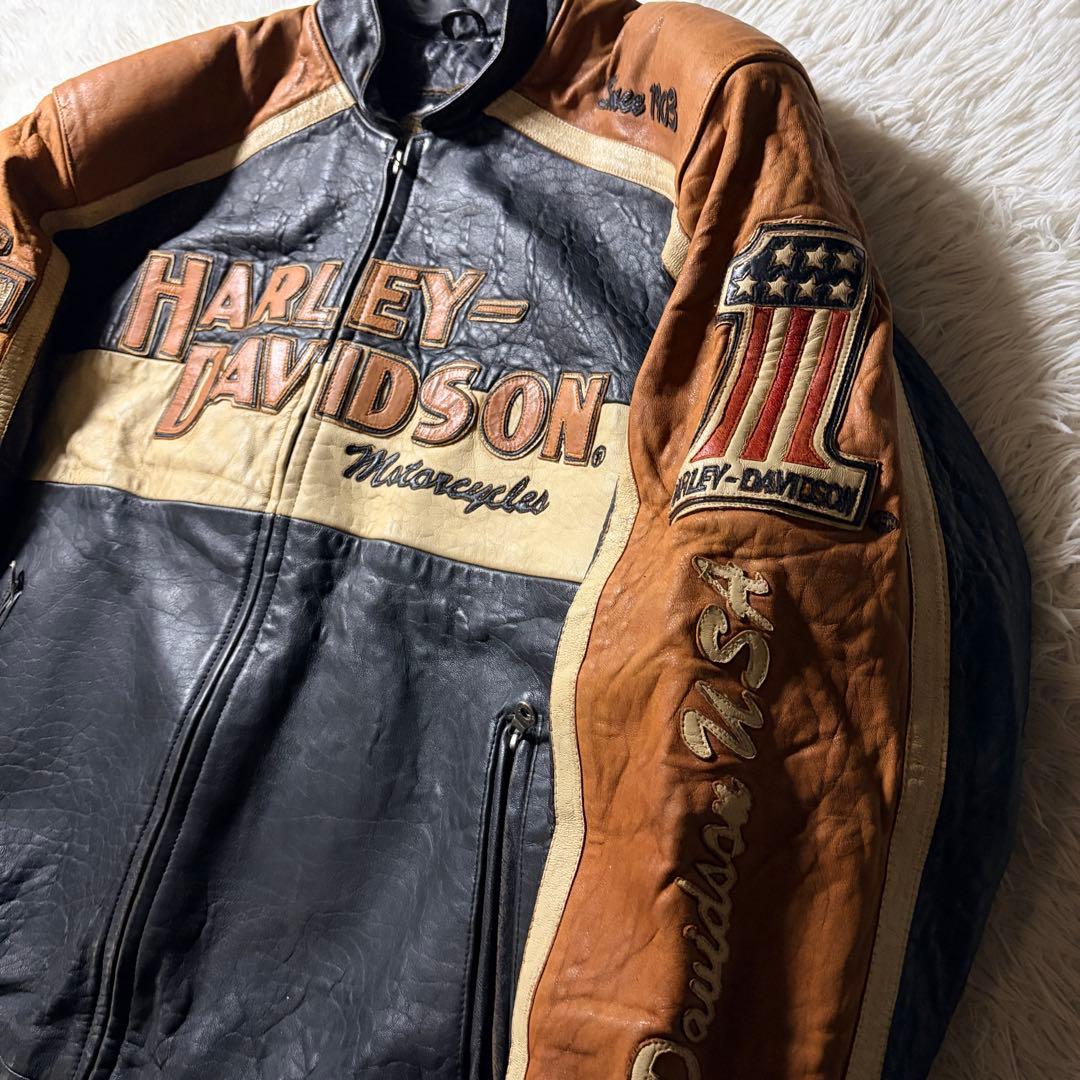 【雰囲気抜群】ハーレーダビッドソン　レザージャケット　羊革　ワッペン　黒　XL