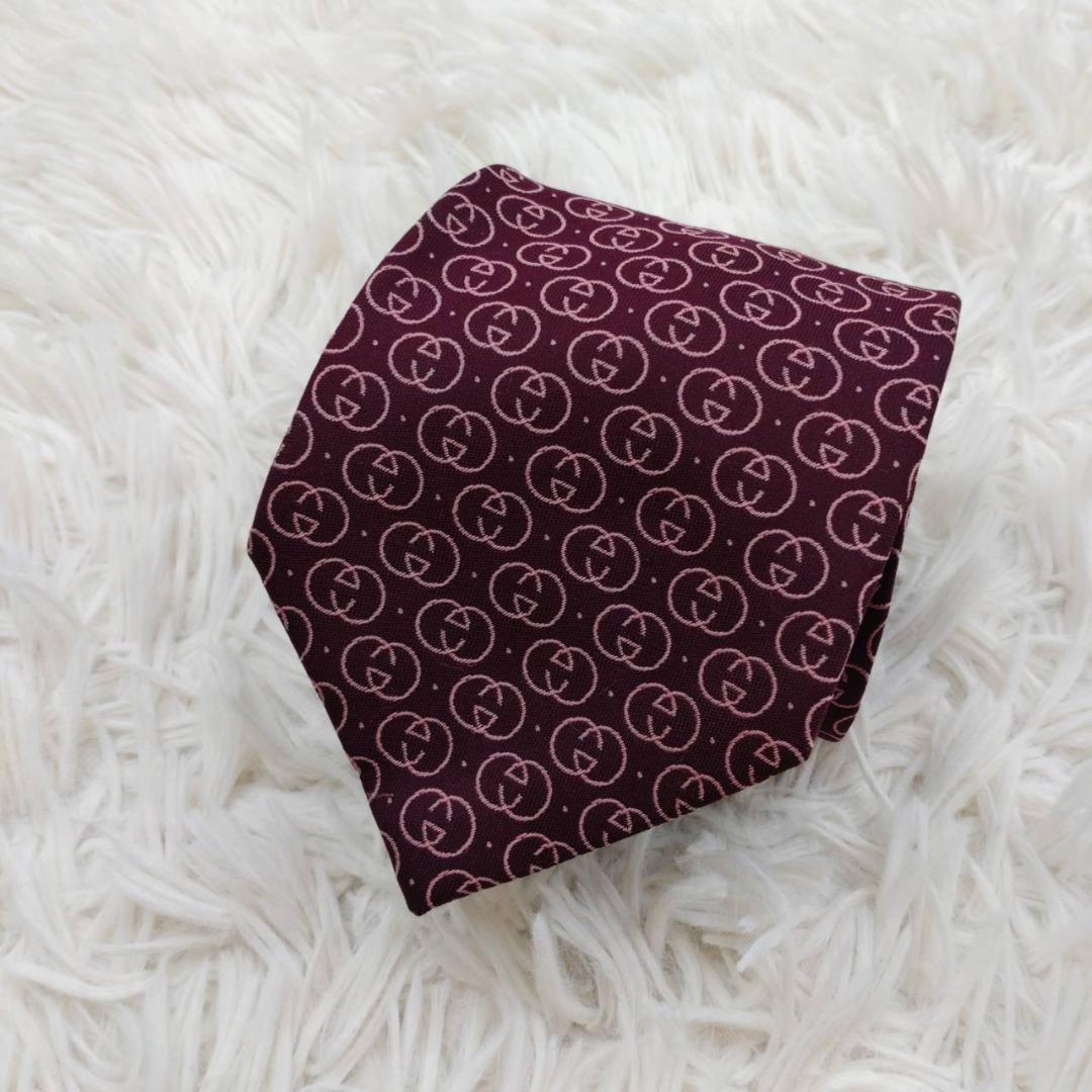 グッチ 高級シルクネクタイ 総柄（インターロッキング） ワイン