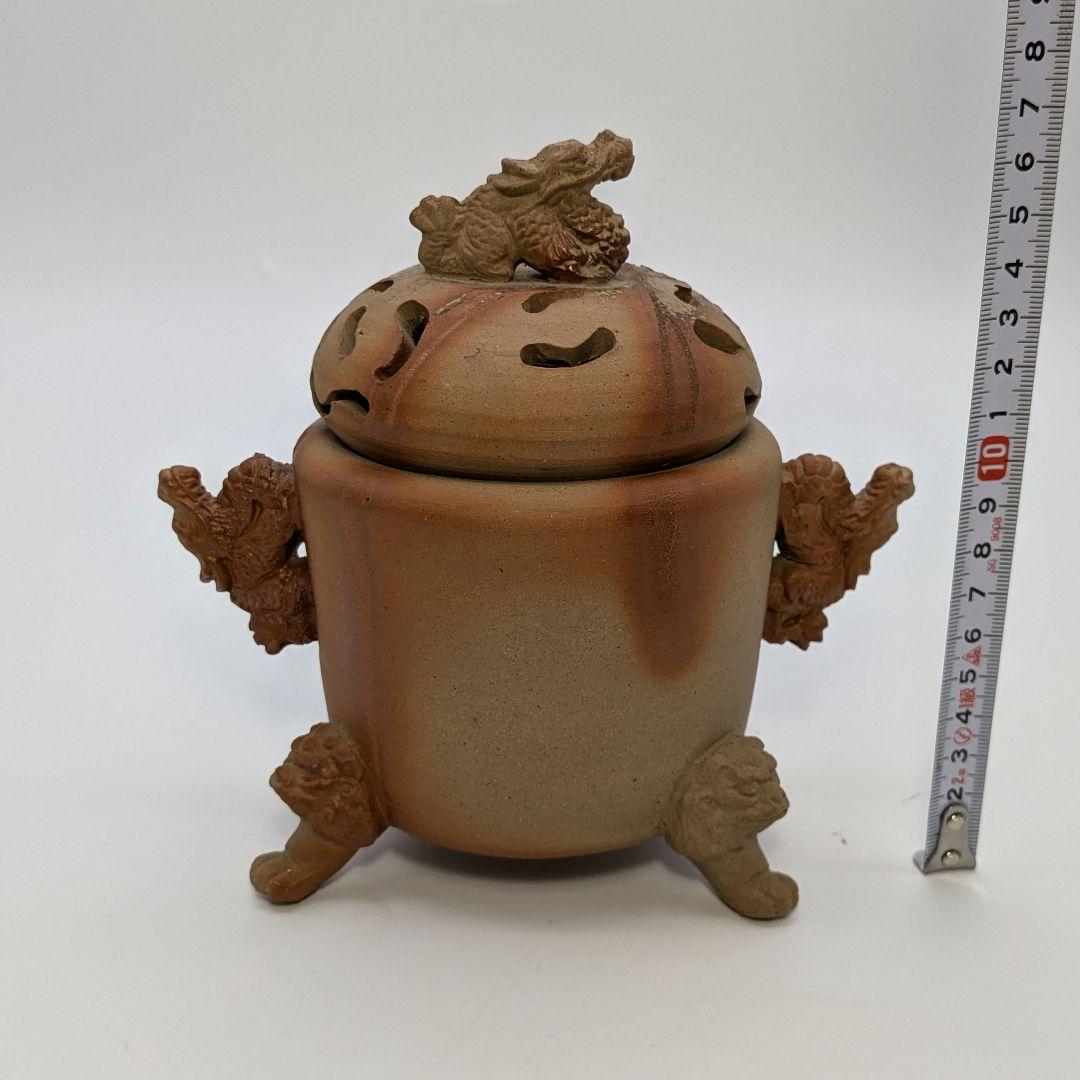 清麻呂窯 備前焼 龍摘緋襷双耳三足香炉 竜 獅子 香道具 茶道具 置物 在銘