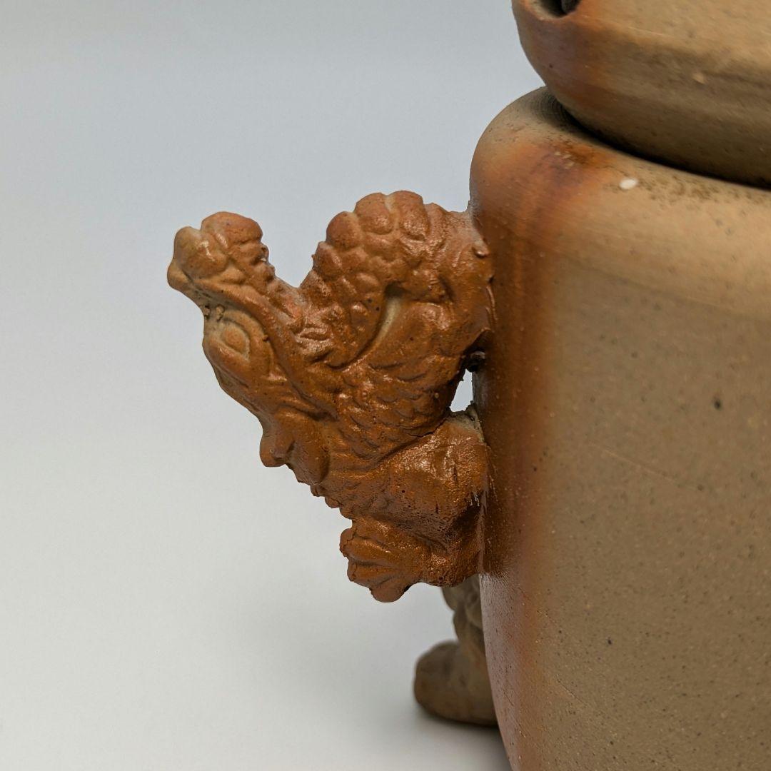 清麻呂窯 備前焼 龍摘緋襷双耳三足香炉 竜 獅子 香道具 茶道具 置物 在銘