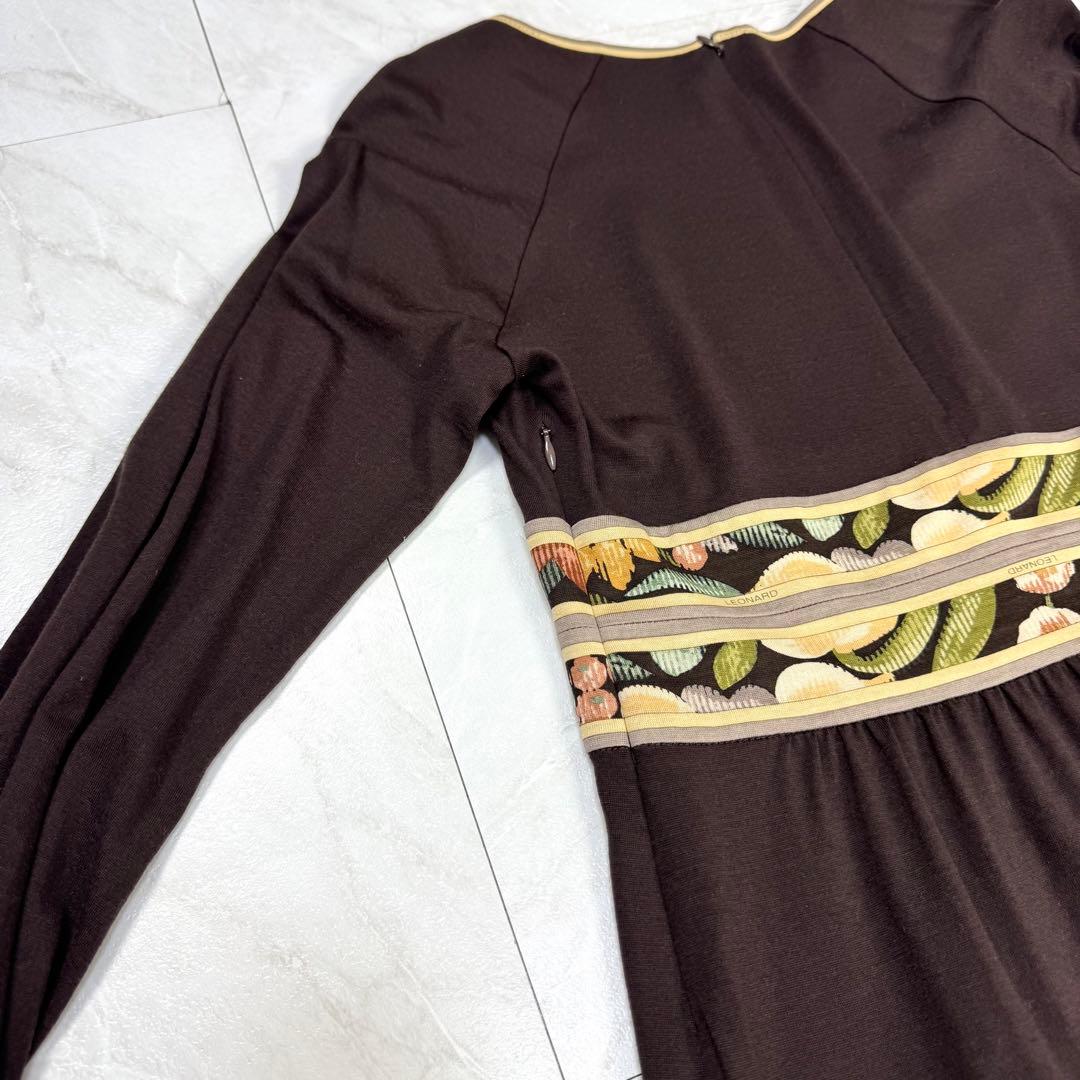 美品 レオナール ロングワンピース トリム 花柄 フラワープリント ブラウン M