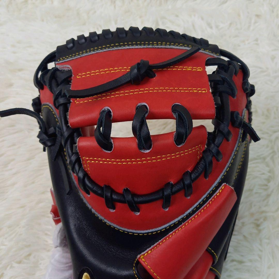 【極美品・希少】ハタケヤマ 左投げ キャッチャーミット 軟式 レッド ブラック