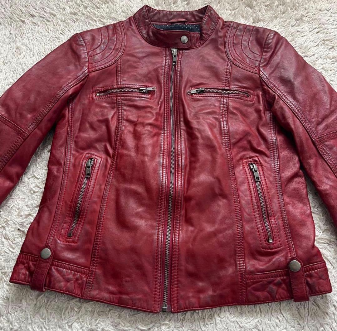 レザーシングルライダースジャケット 赤 ライダースジャケット/羊革/ラムレザー