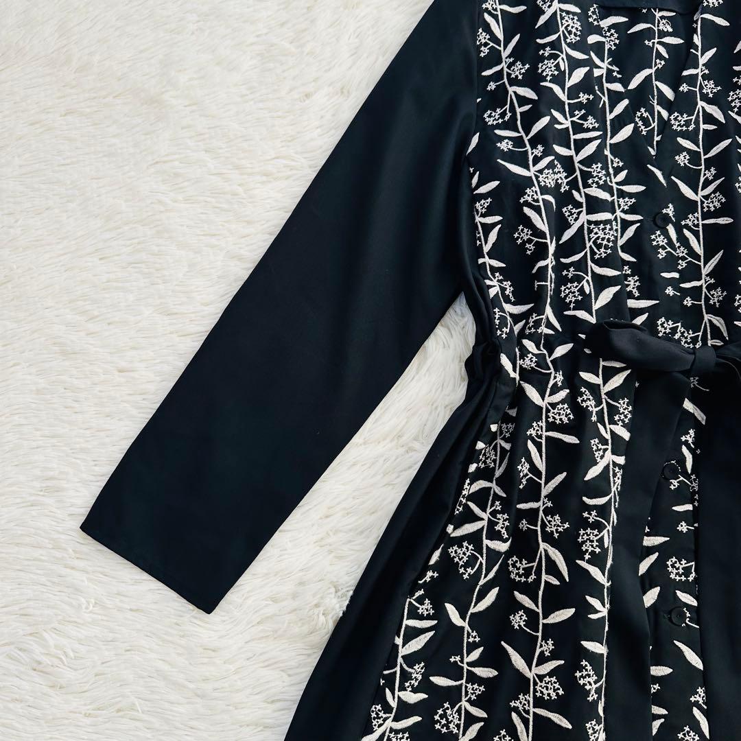 美品 ビュルデサボン つるくさ刺繍 切り替えワンピース 総柄 ロング 黒 ベルト