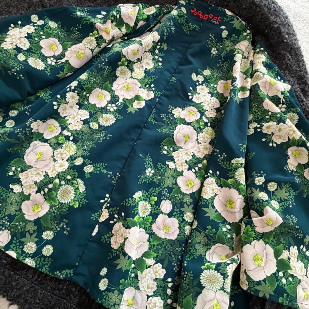 ふりふ　ポンチョ　ケープ　ウール系　ダークグレー　裏地花柄　フラワー　和装　着物