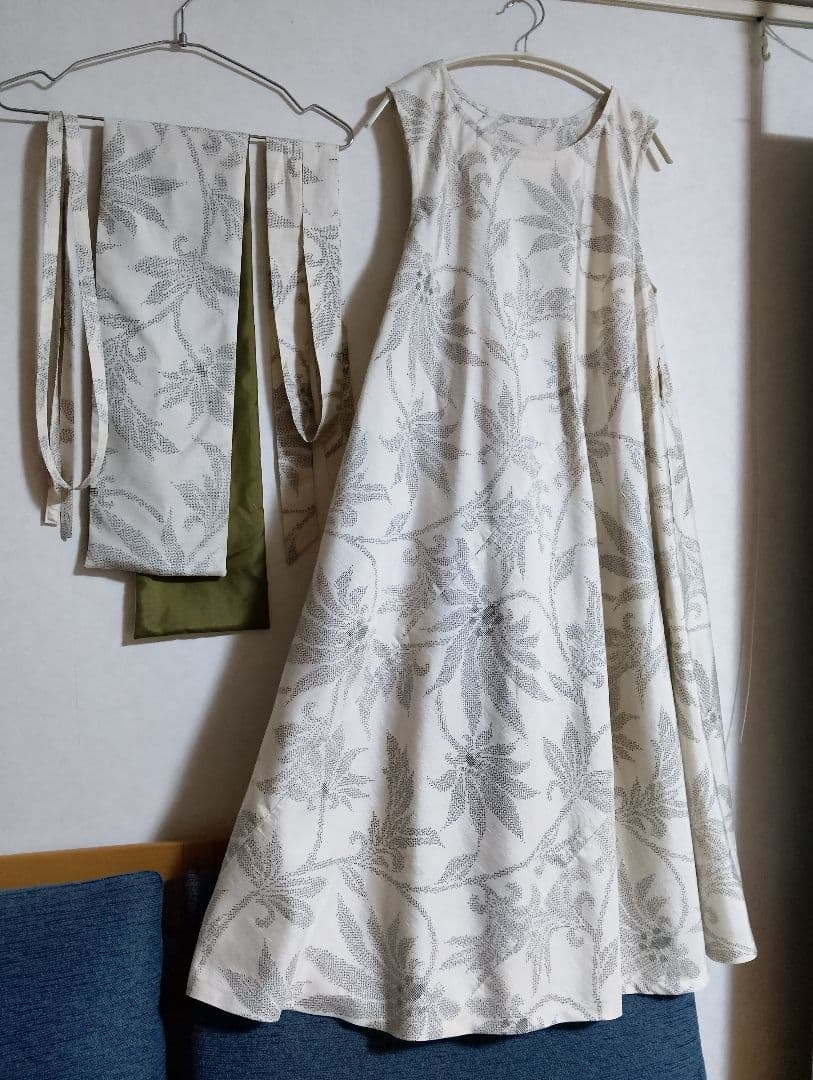 着物リメイク☆紬フレアーワンピース☆正絹ストールリボン2本付き☆
